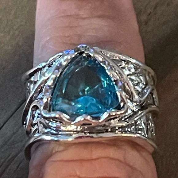 Boho Blue Gemstone Zirconia Wide Vintage Inspired, Silver Plated Fairy, Ring 7 - Picture 3 of 12